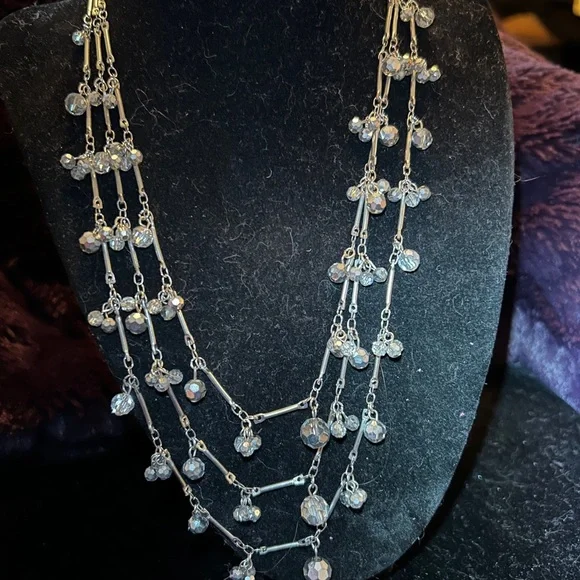 Blingy Talbots Silver Layered Necklace w/Clear Accents, Vintage! - Picture 2 of 5